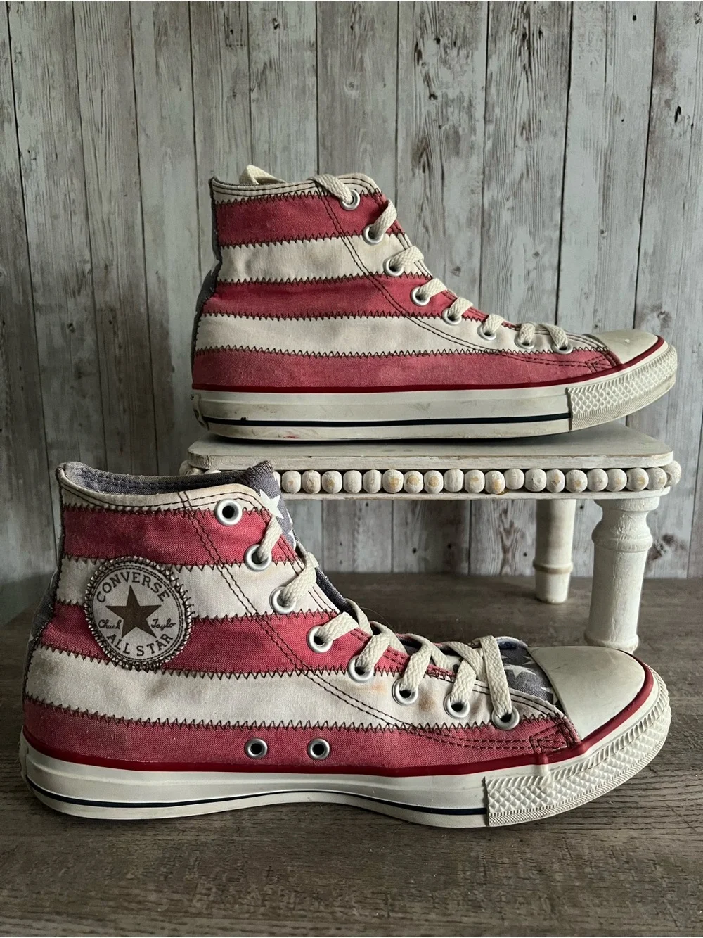 Converse High Top Sneakers Red White Stripes Americana Flag Patriotic Unisex M9